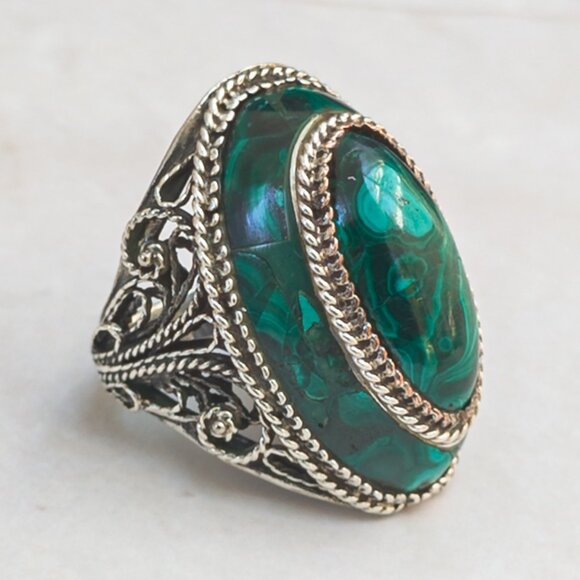 Vintage 800 Silver Malachite Mosaic Filigree Statement Ring – Size 7 - Picture 7 of 8